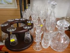 Good parcel of drinking glassware including a pair of decanters with stoppers, another decanter etc