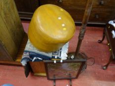 Pine three drawer bedside cabinet, leather pouffe, small rug, tapestry firescreen, standard lamp etc