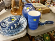 Parcel of Wedgwood Jasperware, Dudson coffee pot and two excellent blue and white bird decorated