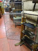 Vintage shoe horn, metal rack and a brass and chrome metal three shelf compact stand