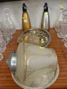 Two vintage soda syphons, galleried four footed electroplate tray, other electroplate items and a