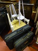 Painted basket weave chair, mirror, painted occasional table and two items of modern luggage