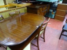 Polished wood single pedestal dining table with six (four plus two) chairs (gifted by vendor) and