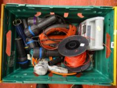 Crate of various electric garage items including Extreme jigsaw, Roadster battery charger,