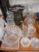 Two ship's decanters with stoppers, set of six long stemmed wine glasses, other glassware etc
