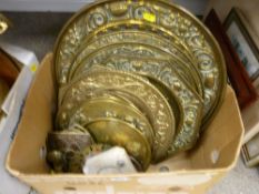 Quantity of brass chargers etc