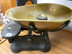 Excellent size old shop scales with heavy brass dish and weights