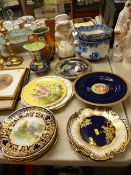 Pair of Maling lustre display plates, Maling jug, Crown Ducal jug, blue and white Cauldon square