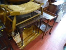 Rush seated stool, nest of three tables, similar Long John table and a two tier trolley (a parcel)
