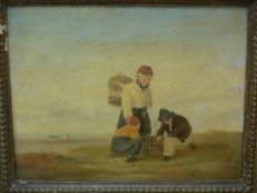 Unsigned oil on canvas - cockle pickers/fishermen, 24 x 30 cms