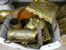 Box with good brass contents including fire irons, jam pan, kettle stand etc