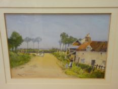 EYRES SIMMONDS watercolour - country lane with ladies working and buildings, 24 x 34 cms