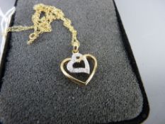 Nine carat gold double heart pendant with fine link necklace, one heart set with twelve tiny