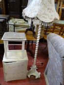 Vintage white painted food cupboard, white painted barley twist standard lamp and shade and small