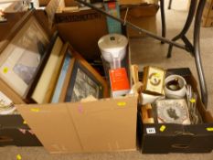 Two boxes of mixed household items including prints, glassware, clocks etc