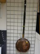 Long handled copper bedwarming pan and two items of Indian Tree china