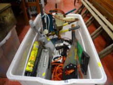 Large plastic tub of drill and stand, extension lead, hand saws, as new claw hammers, radio etc E/T