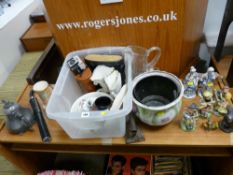 Tub of mixed porcelain, cased binoculars, pewter ware, figurines etc (a parcel)