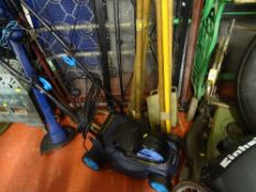 Einhell BG-EM 1030 lawnmower, Einhell strimmer and parcel of long handled garden tools E/T