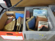 Plastic tub and box of vintage books - 'Marine Aircraft Design', 'Wings in Motion', political titles
