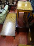 Piecrust top nest of three tables, similar Long John table and a two shelf entertainment stand