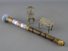 TWO ITEMS OF SILVER MINIATURE FURNITURE and a porcelain parasol handle with rolled gold mounts,
