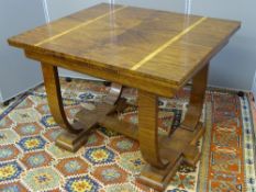 AN ART DECO WALNUT DRAWER LEAF DINING TABLE, quartered veneer top with satinwood cross bands, (