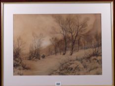MOSS WILLIAMS watercolour - snowy landscape scene with figure and two horses and dog on a track,
