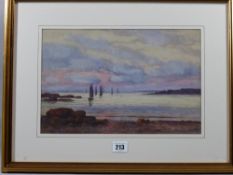 WARREN WILLIAMS ARCA watercolour - sunset coastal scene with numerous boats, possibly indistinctly