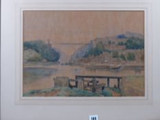 A C FARE watercolour - townscape scene with Clifton Suspension Bridge and the River Severn, signed