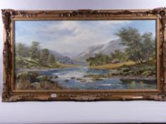 DON VAUGHAN oil on canvas - expansive rural scene with tumbling river and haymaking figures with