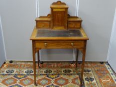 AN EDWARDIAN INLAID MAHOGANY LADY'S WRITING DESK, central top single door cupboard with pigeonhole