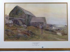 WARREN WILLIAMS ARCA early watercolour - coastal watermill with farmer on a path, signed and dated