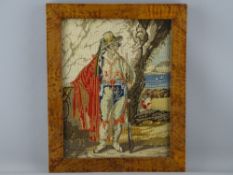 A BURR WALNUT FRAMED TAPESTRY PANEL of a Continental man at arms, draped in a red robe, 39 x 32.5