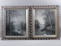 W B monochrome oils on board - 1. Moonlit river scene with figure in a punt and 2. River scene