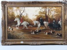 B A HOOK, 21st Century School oil on canvas - huntsmen/women with dogs crossing a river, signed,