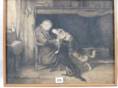 MOSS WILLIAMS fine sepia watercolour - gentleman in an elbow chair asleep by a fireplace being