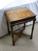 AN ANTIQUE INLAID WALNUT STYLE SIDE TABLE with lidded storage top, having a central floral inlaid