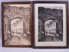 MOSS WILLIAMS sepia study of the North Gate, Caernarfon, with figures, signed and dated 1919, 25.5 x