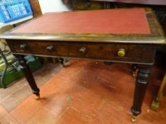 A VICTORIAN MAHOGANY TWO DRAWER WRITING TABLE on turned and segmented supports with modern brass cup