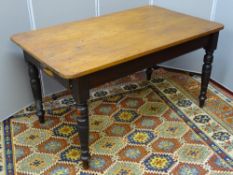 A VICTORIAN PINE SINGLE DRAWER KITCHEN TABLE on turned supports, 74 cms high, 137 cms long, 81.5 cms