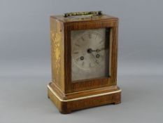 A 19th CENTURY FRENCH INLAID ROSEWOOD MANTEL CLOCK, Laine, Paris, bell strike movement with silk