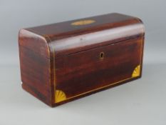A 19th CENTURY DOME TOPPED MAHOGANY TEA CADDY with Sheraton shell inlay and twin lidded interior,
