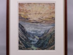 MOSS WILLIAMS tempera - North Wales valley scene at sunset, signed, 31 x 24 cms