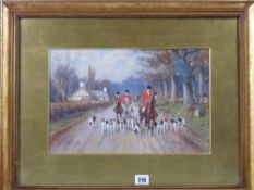 WARREN WILLIAMS ARCA watercolour - hunt riders with pack hounds on a country lane, signed lower