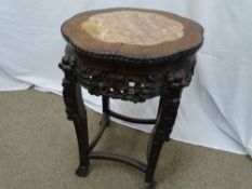 A VICTORIAN CHINESE HARDWOOD TABLE/STAND with inset pink marble top, 62 cms high, 41 cms diameter