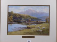 WARREN WILLIAMS ARCA watercolour - River Glaslyn and Snowdon with grazing sheep and cattle,