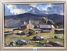 EDWIN (ED) FORREST oil on board - farmstead with mountain backdrop, titled 'Welsh Hill Farm No. 1