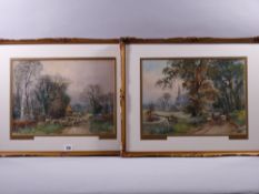 HENRY CHARLES FOX watercolours, a pair - rural scenes - 1. Drover with sheep on a wooded track