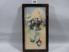 MOSS WILLIAMS watercolour - Japanese lady with parasol and with cockerel at foot, figures in a